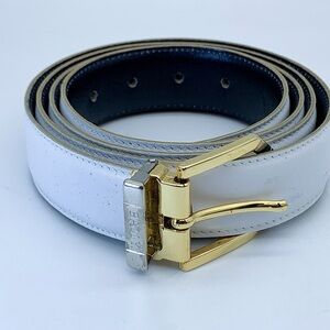Bally Gold-Tone Buckle Leather Belt in White